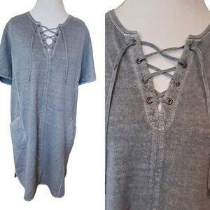 Wrap London US Size 14 Gray Hemp Cotton Laceup Shift‎ Dress Casual Knee Length